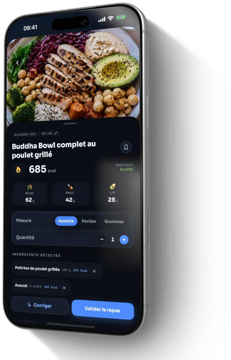 La fiche résultat du scan : Buddha bowl complet au poulet grillé, 685 kcal, 42 g de protéines, 62 g de glucides, 28 g de lipides, et les ingrédients détectés