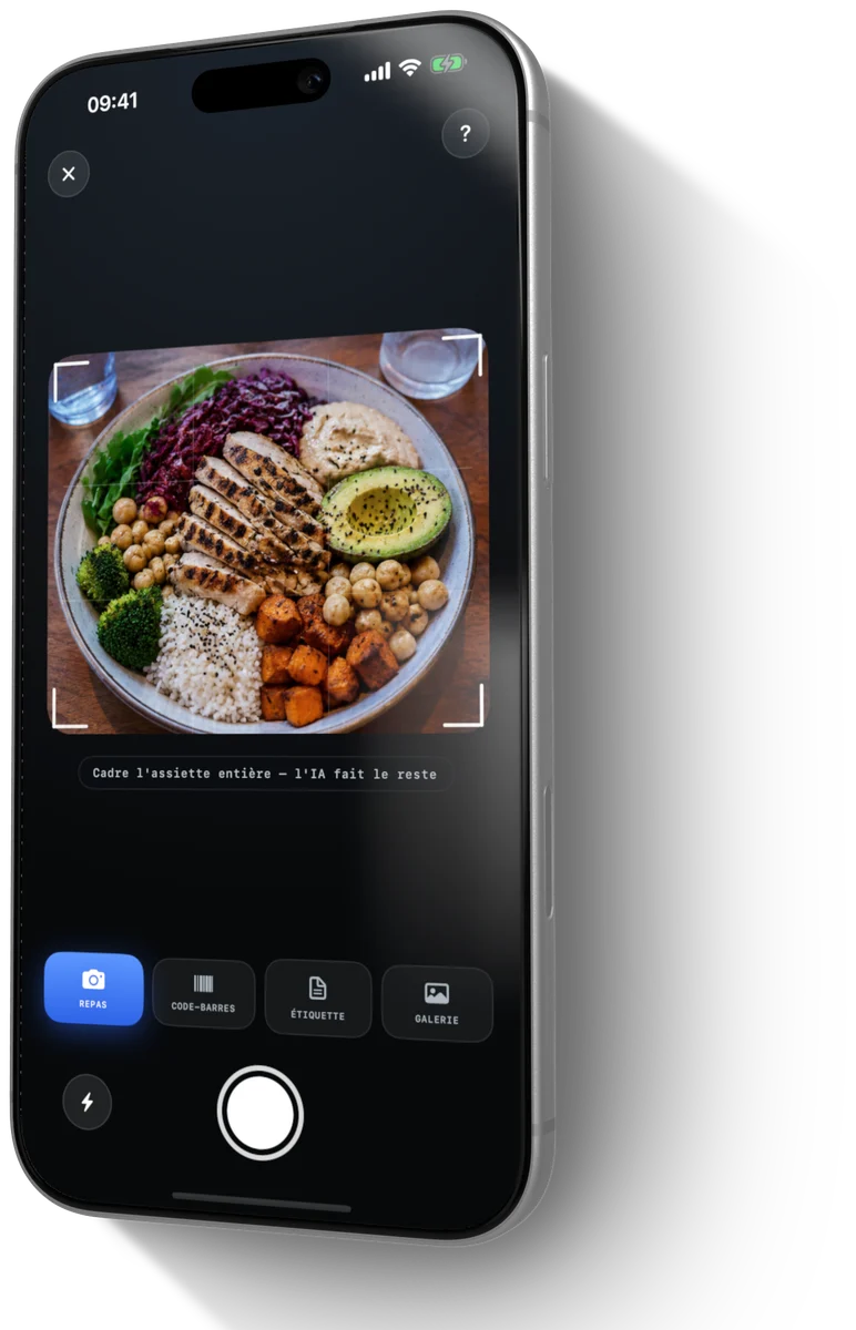 Le scanner de repas : le viseur sur un bol poulet, avocat et patate douce