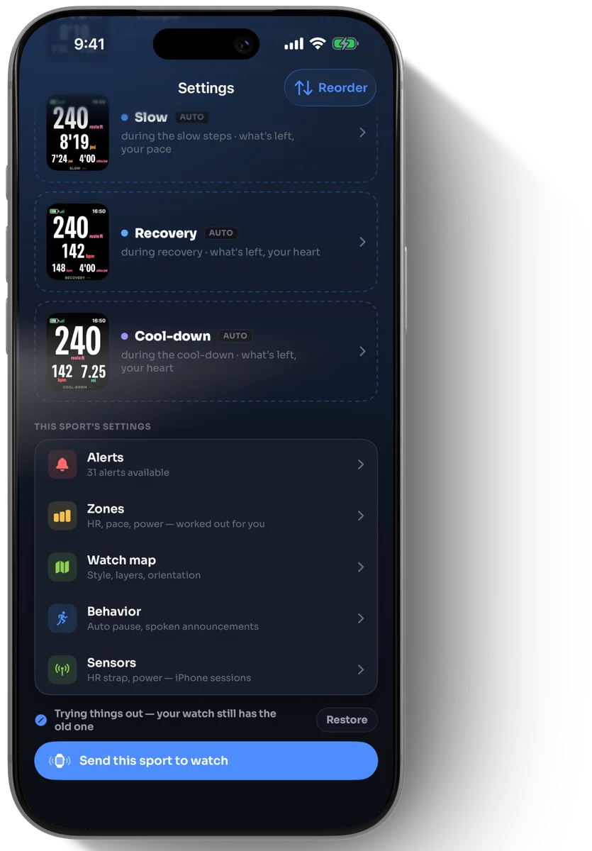 Running settings: alerts, zones, watch map, behavior, sensors — and “Send this sport to the watch”