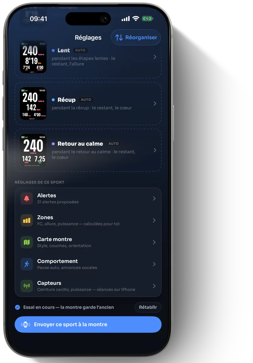 Les réglages de la course à pied : alertes, zones, carte montre, comportement, capteurs — et « Envoyer ce sport à la montre »