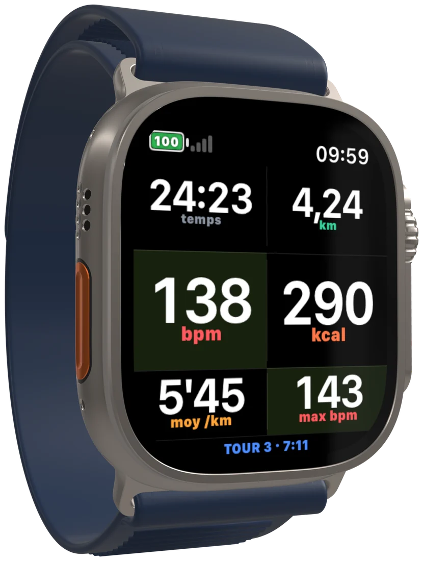Un cadran de séance sur l'Apple Watch : temps, distance, cardio, calories